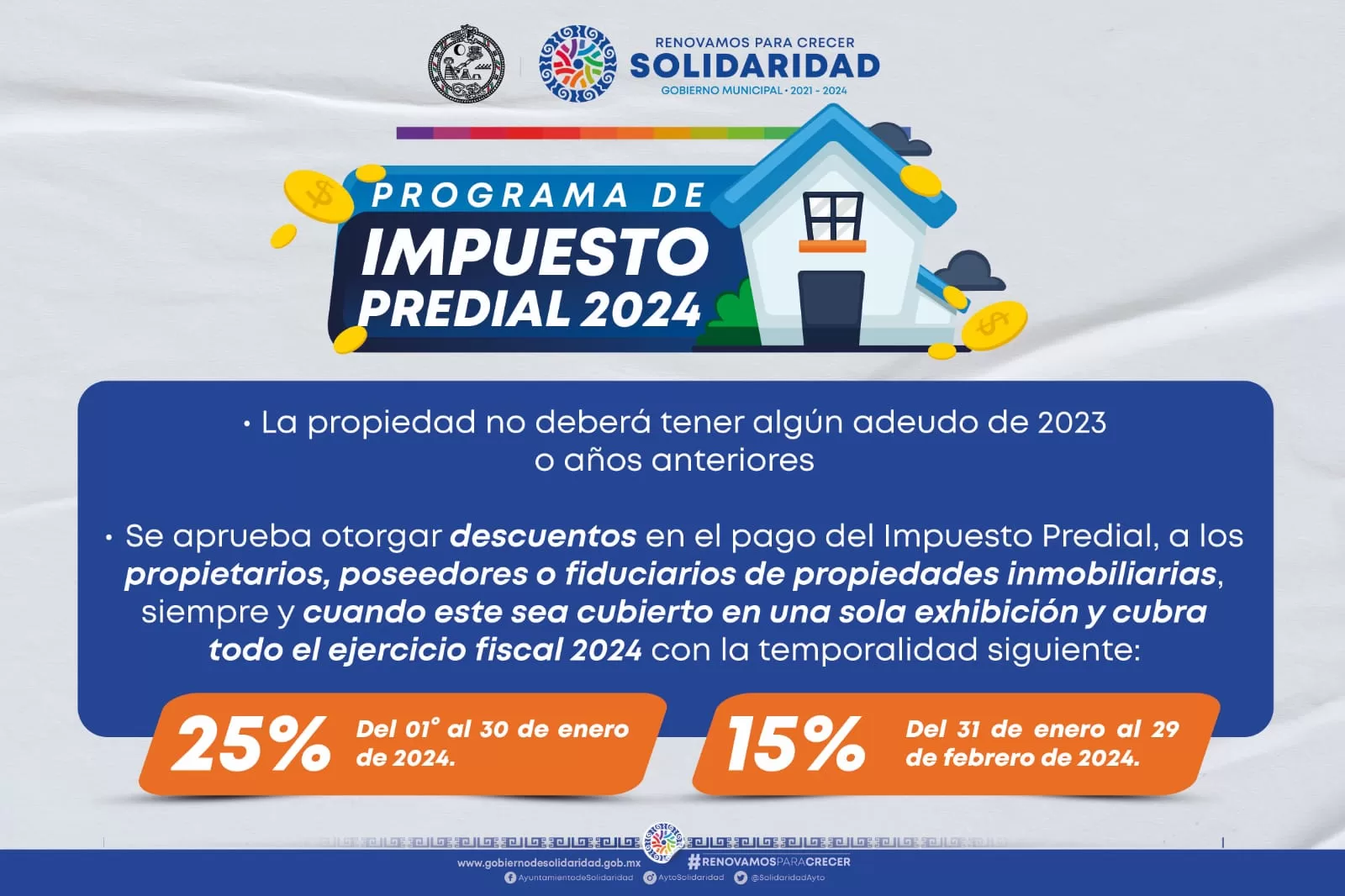 Otorgan descuentos en pago del impuesto predial 2024