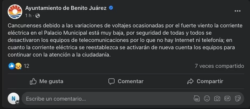 Fallas en servicio eléctrico obligan a suspender la atención en Palacio municipal de Cancún