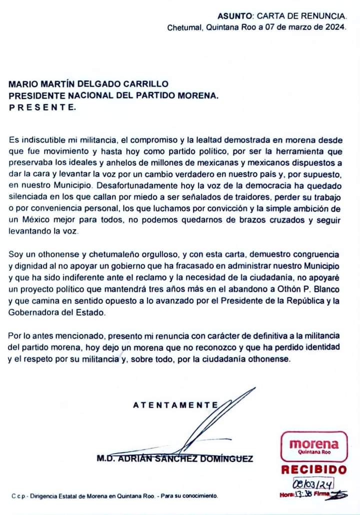 Adrián Sánchez, aspirante a alcalde de Chetumal por MORENA, renuncia a su militancia