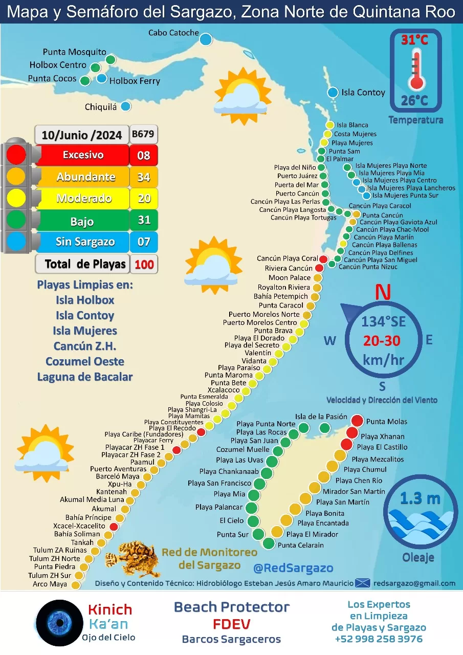 Predominan hoy las playas de Quintana Roo con abundancia de sargazo