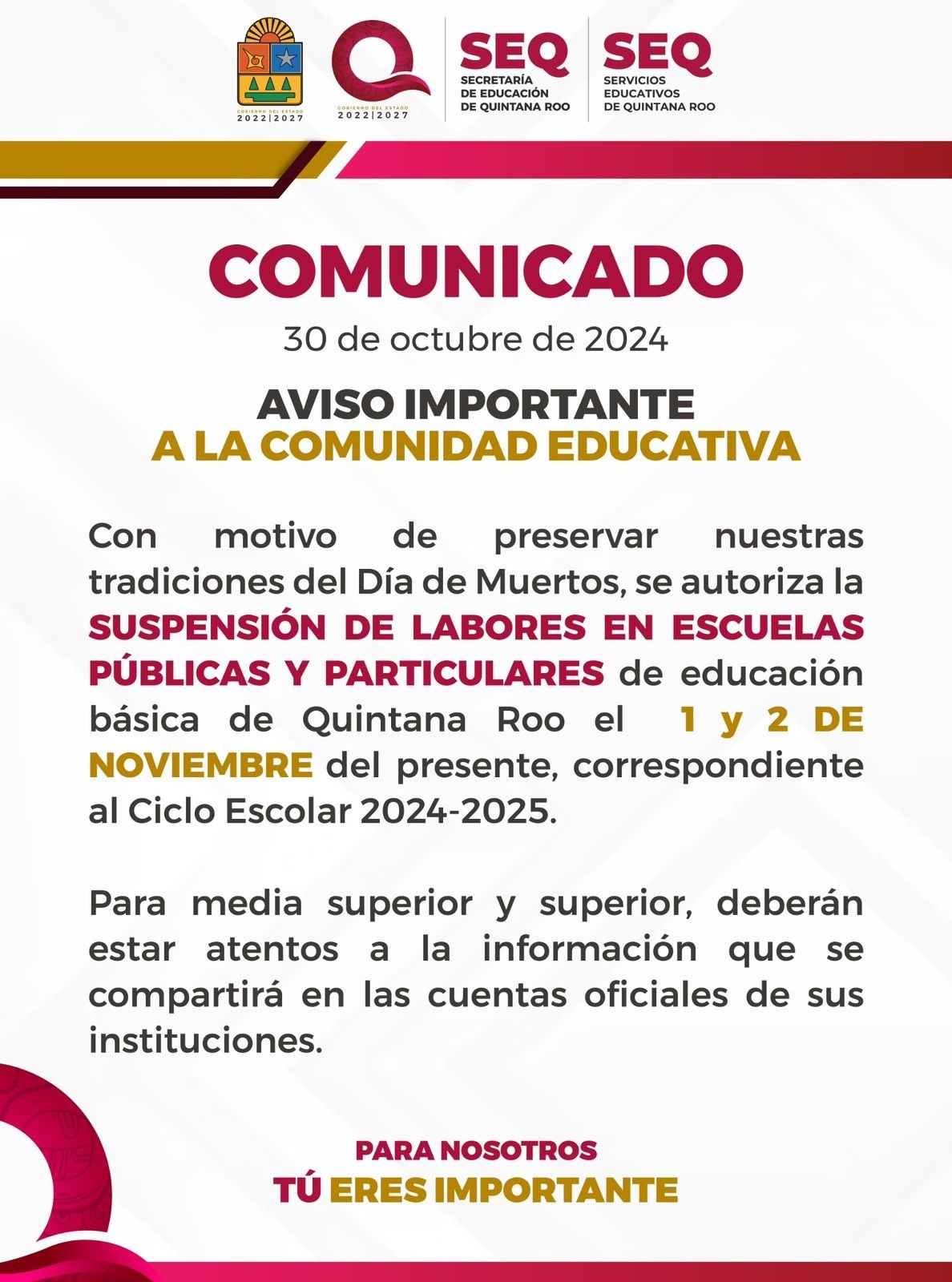 Autorizan suspender las clases el 1 y 2 de noviembre por Día de Muertos  