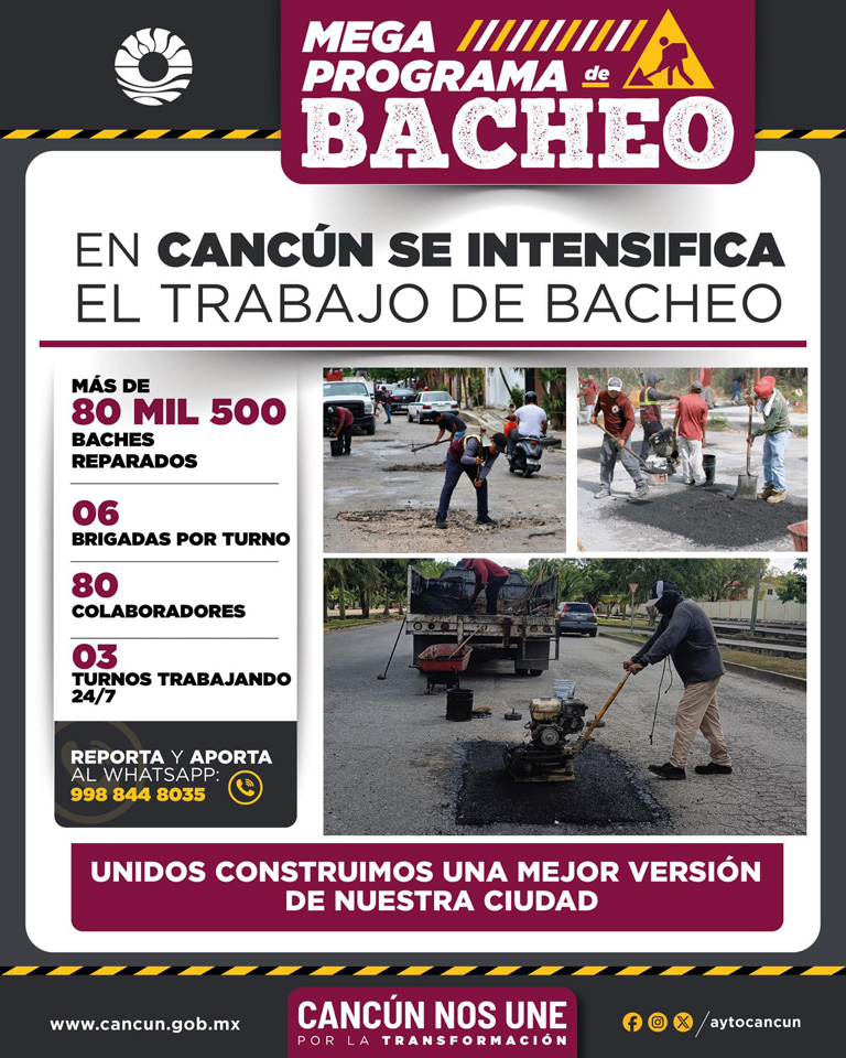 Cancún intensifica bacheo tras lluvias y prepara encendido navideño