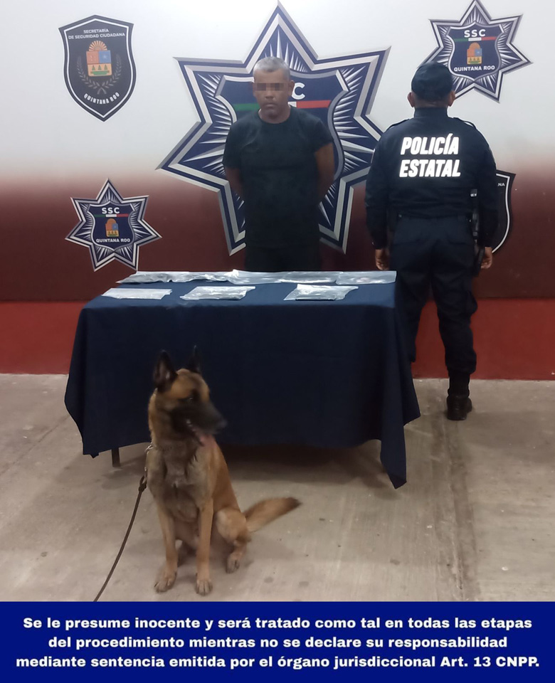 Agente canino detecta a individuo con droga y cartuchos útiles